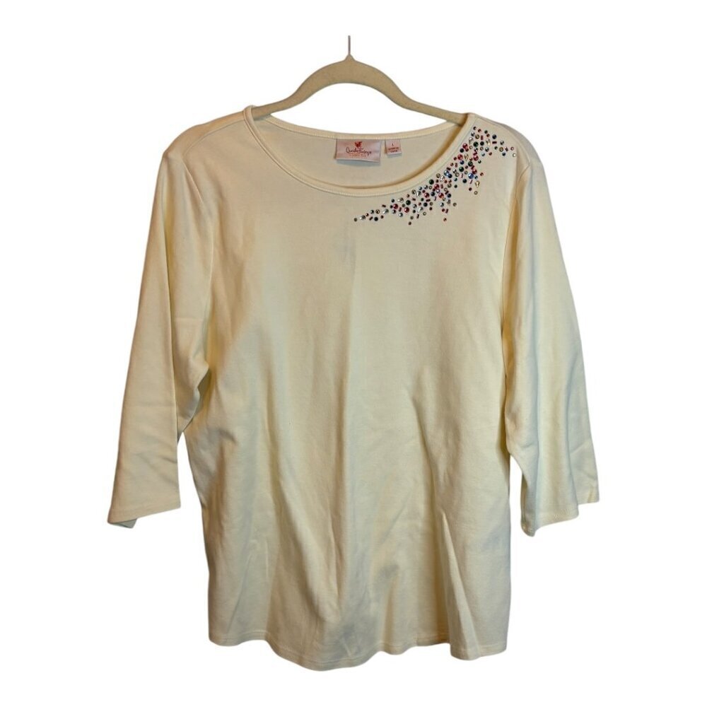 Quacker Factory Blouse Women's Size Large Bedazzled‎ Jeweled Cream